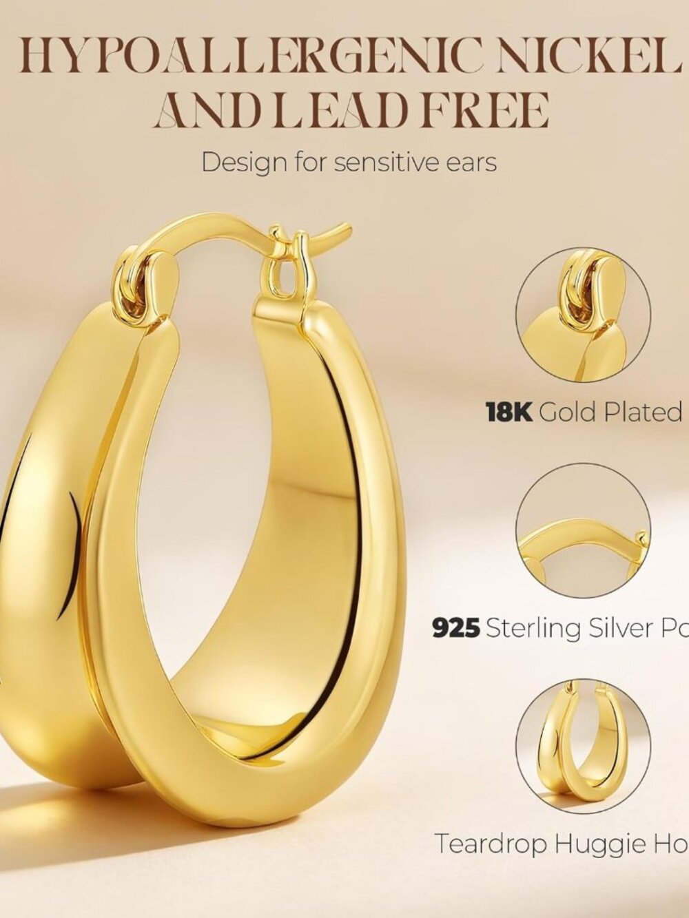 Small Chunky Hoops 18K Gold Plated Huggie Earrings for Women Sterling Silver Hyp - Picture 3 of 6